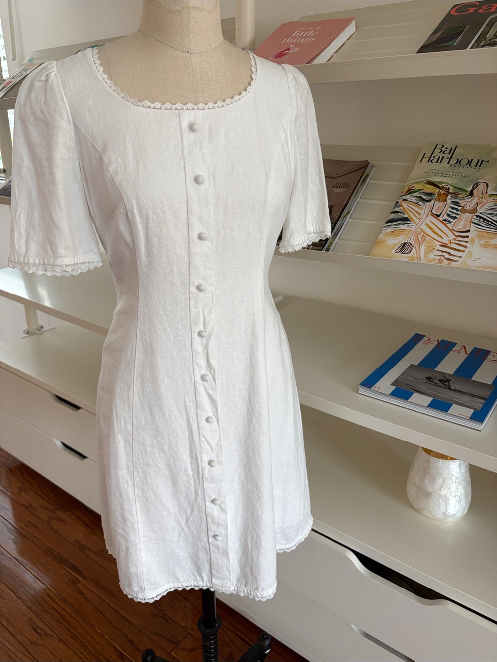 NEW Joie Linen White Button-Front Mini Dress with Lace Trim